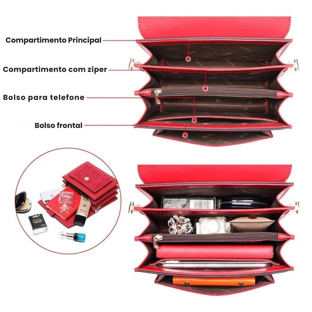 Bolsa Feminina Transversal Foxer Feita em couro Legítimo Modelo SolphRed