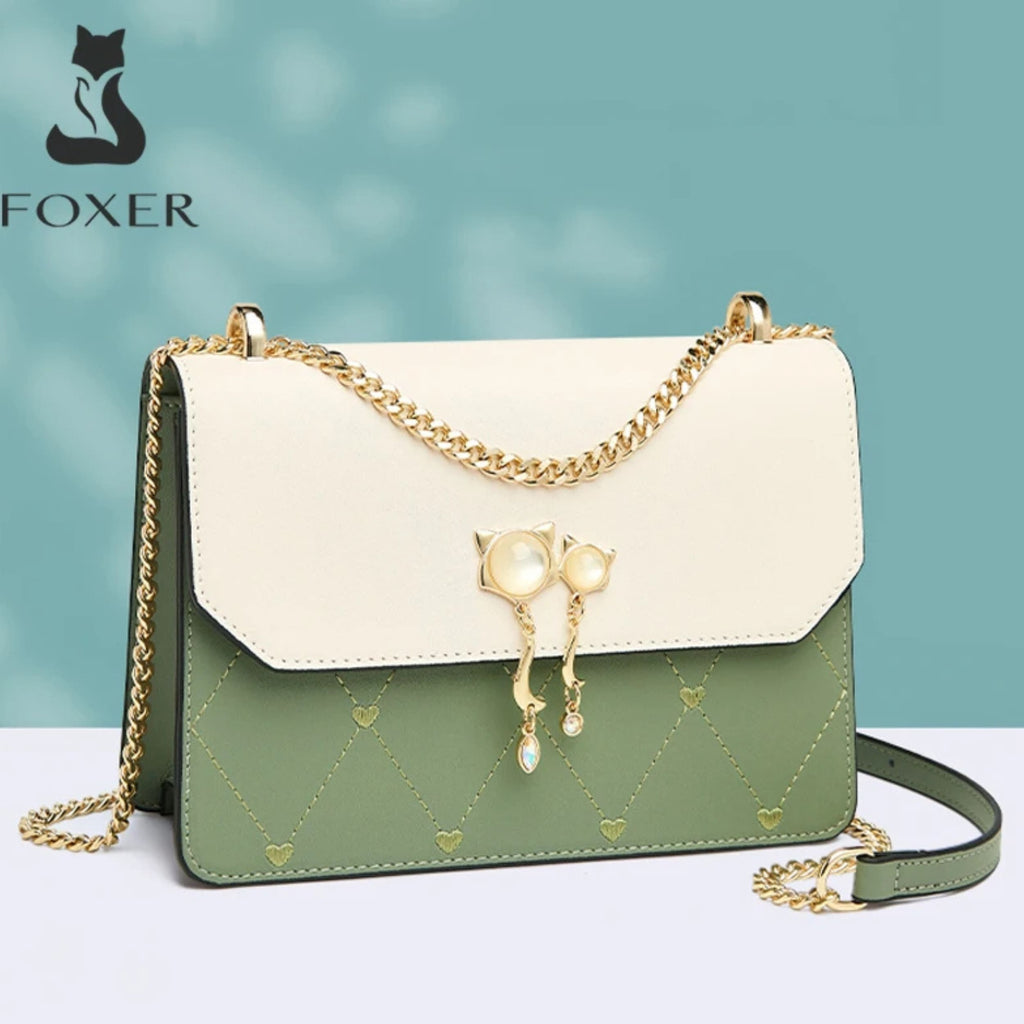 Bolsa Feminina Foxer Transversal Modelo Bella Duo Charm – Elegância Bicolor com Detalhe de Pérolas