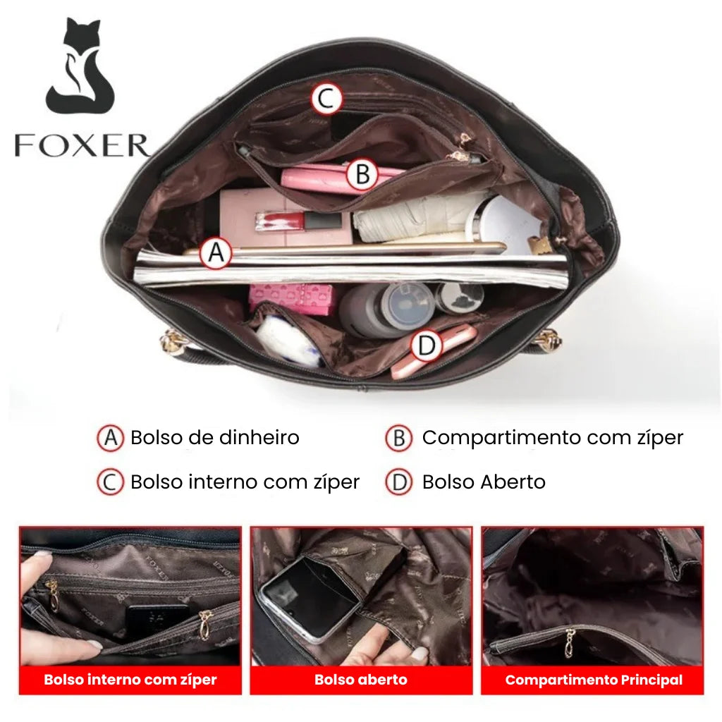 BOLSA FEMININA EM COURO LEGÍTIMO FOXER MODELO VELLUTO BEIGE