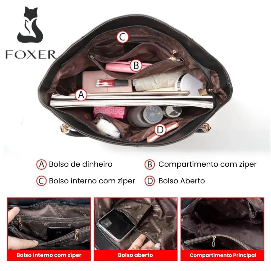 BOLSA FEMININA EM COURO LEGÍTIMO FOXER MODELO VELLUTO BROWN