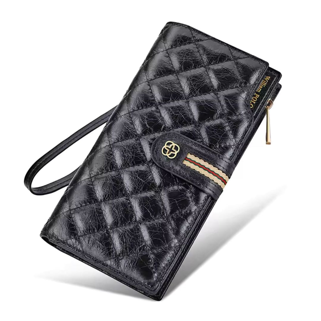 CARTEIRA FEMININA LONGA FEITA EM COURO GENUÍNO MODELO  SARAH NOIR BLACK – LINHA WILLIAM POLO