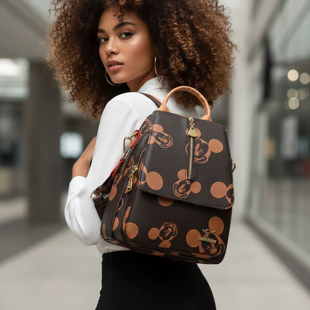 MOCHILA FEMININA FEITA EM COURO MODELO MICKEY MOUSE