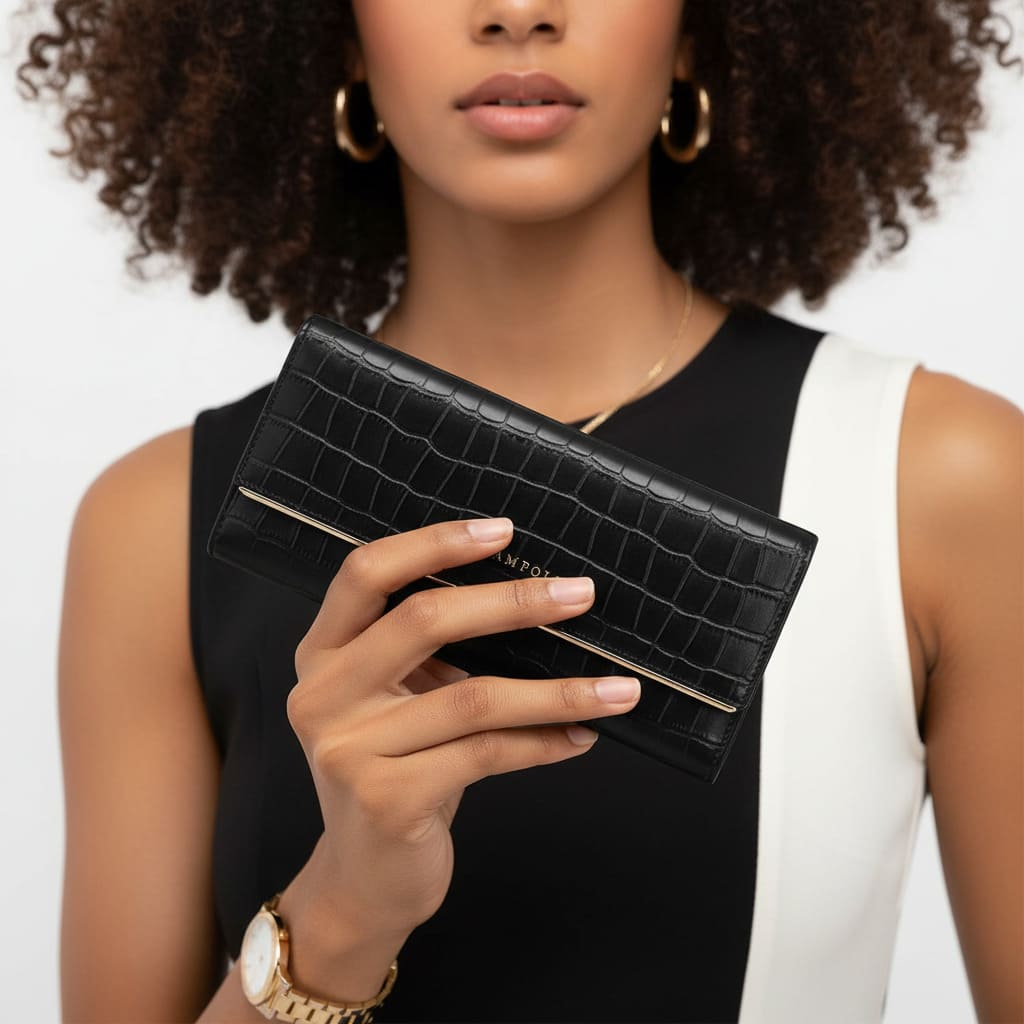 CARTEIRA FEMININA FEITA EM COURO GENUÍNO  MODELO IVORY ÉLÉGANCE BLACK - LINHA WILLIAM POLO