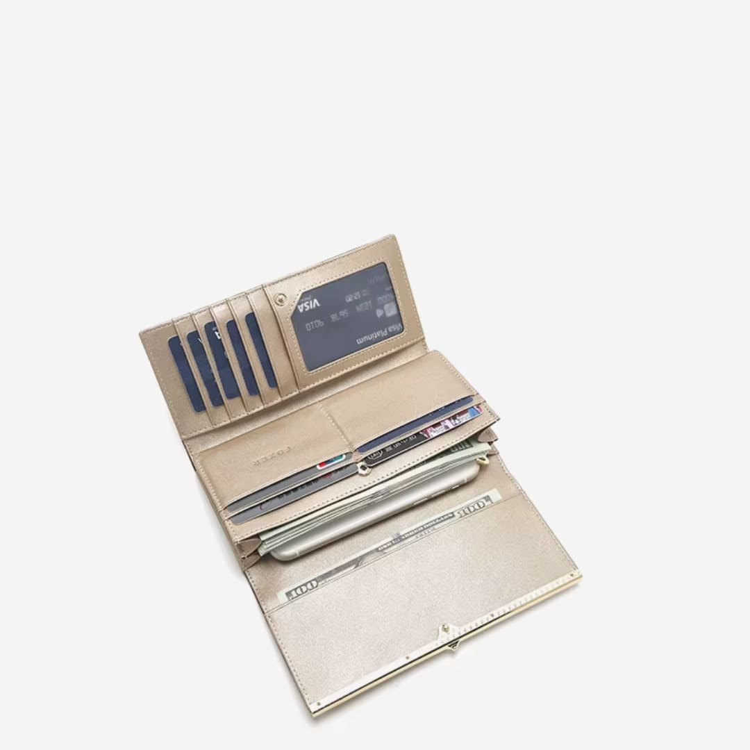 CARTEIRA FEMININA LONGA FOXER FEITA EM COURO GENUÍNO MODELO SÉLUNE BEIGE