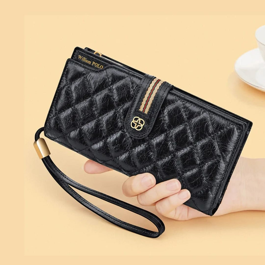 CARTEIRA FEMININA LONGA FEITA EM COURO GENUÍNO MODELO  SARAH NOIR BLACK – LINHA WILLIAM POLO