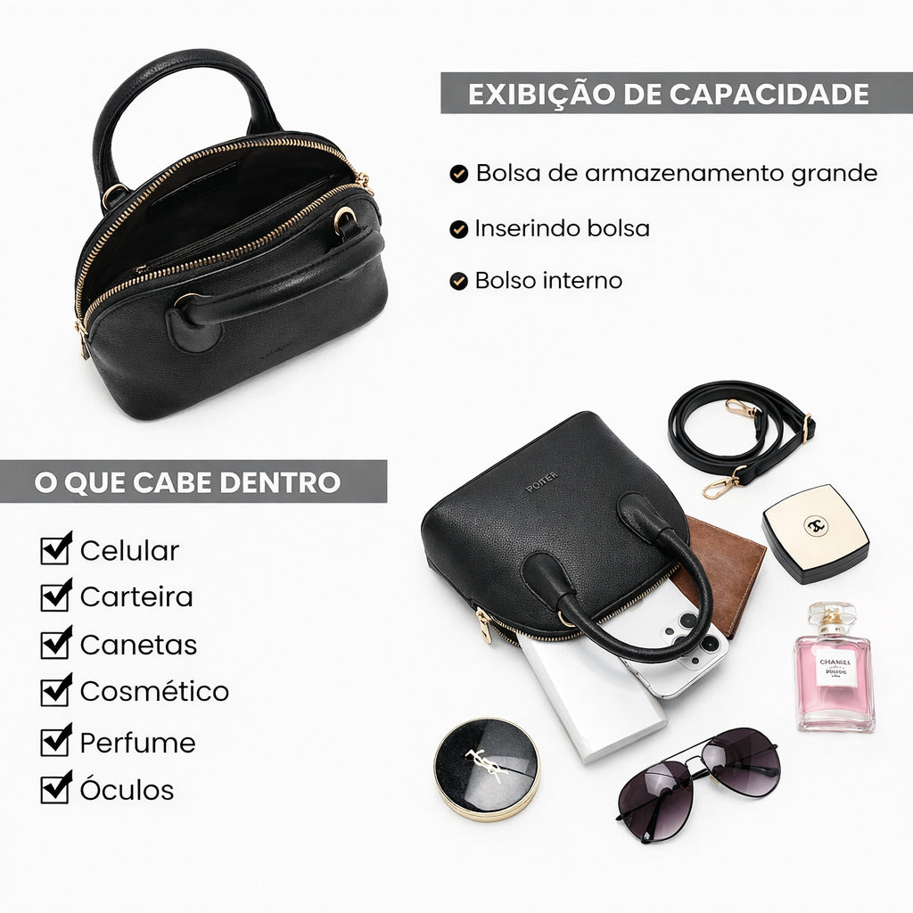 BOLSA FEMININA TRANSVERSAL FOXER FEITA EM COURO GENUÍNO MODELO AMÉLIE BLACK
