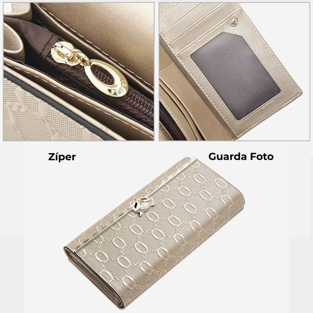 CARTEIRA FEMININA LONGA FOXER FEITA EM COURO GENUÍNO MODELO SÉLUNE BEIGE