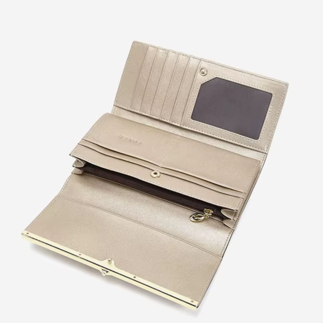 CARTEIRA FEMININA LONGA FOXER FEITA EM COURO GENUÍNO MODELO SÉLUNE BEIGE