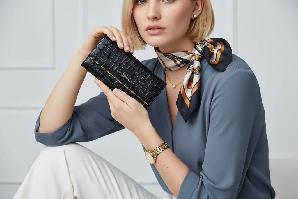 CARTEIRA FEMININA FEITA EM COURO GENUÍNO  MODELO IVORY ÉLÉGANCE BLACK - LINHA WILLIAM POLO