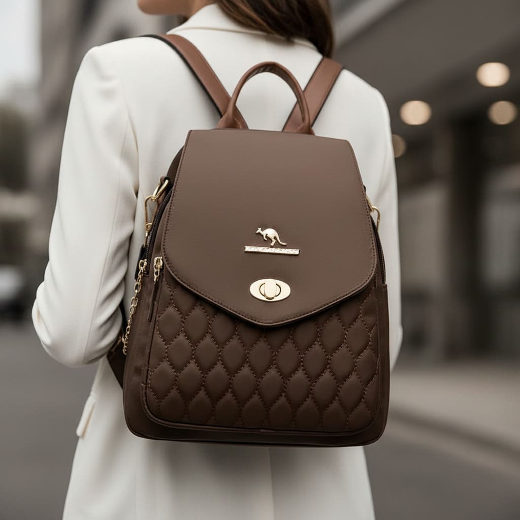 MOCHILA FEMIINA FEITA EM COURO REFINADO MODELO BELLA LUXE BROWN