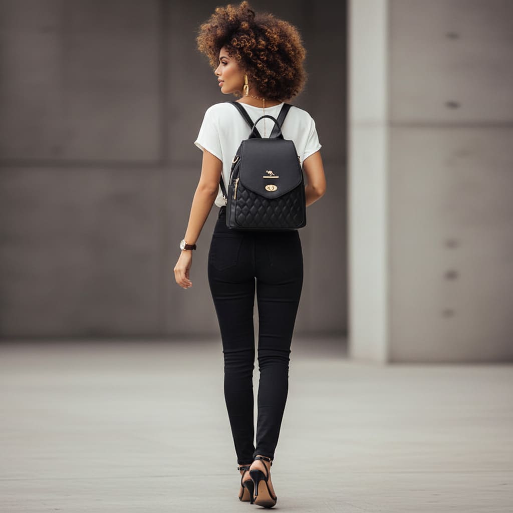 MOCHILA FEMIINA FEITA EM COURO REFINADO MODELO BELLA LUXE BLACK
