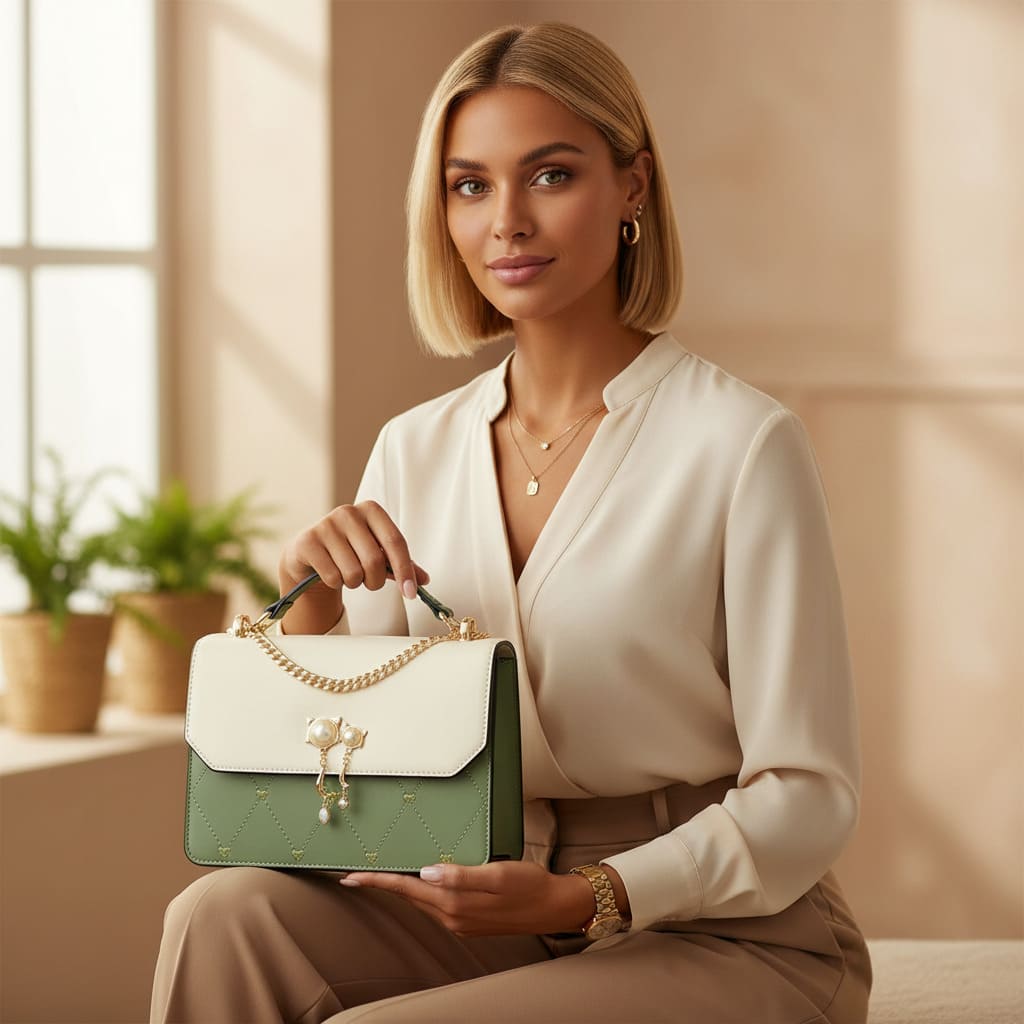 Bolsa Feminina Foxer Transversal Modelo Bella Duo Charm – Elegância Bicolor com Detalhe de Pérolas