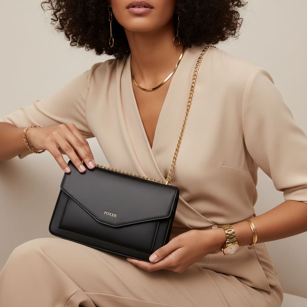 BOLSA FEMININA TYRANSVERSAL FOXER FEITA EM COURO REFINADO MODELO ARVELLE BLACK